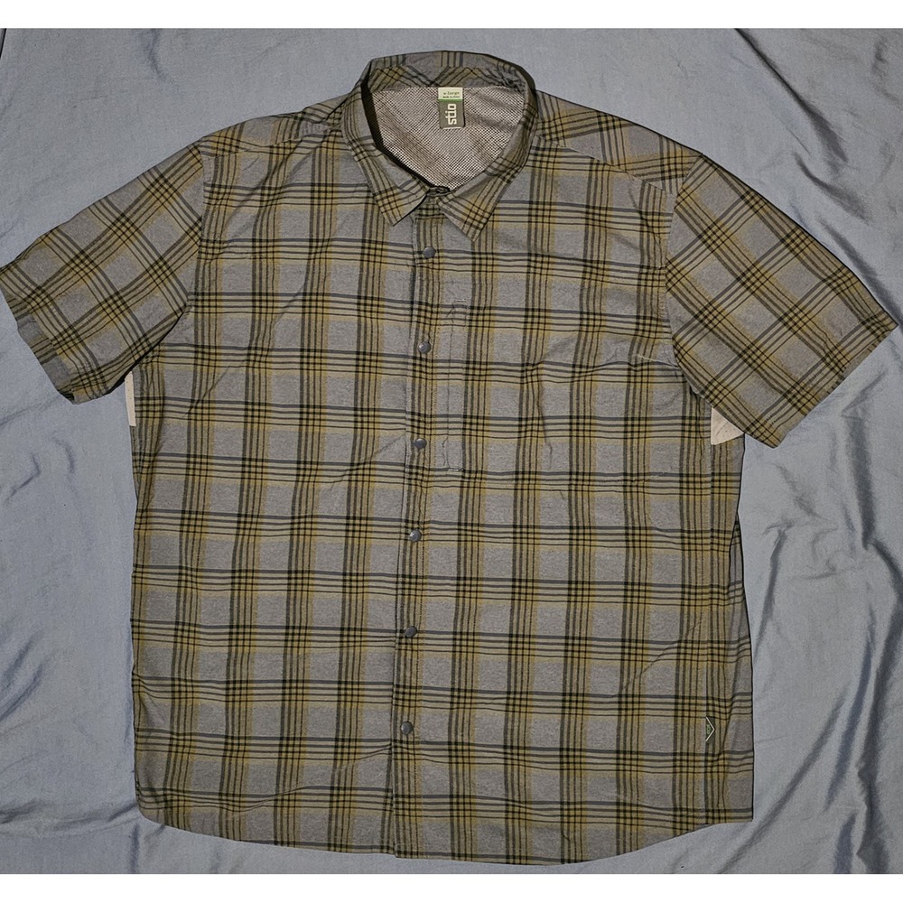 Stio Shirt Mens XL Gray Yellow Plaid Short Sleeve Button Up Outdoor Casual